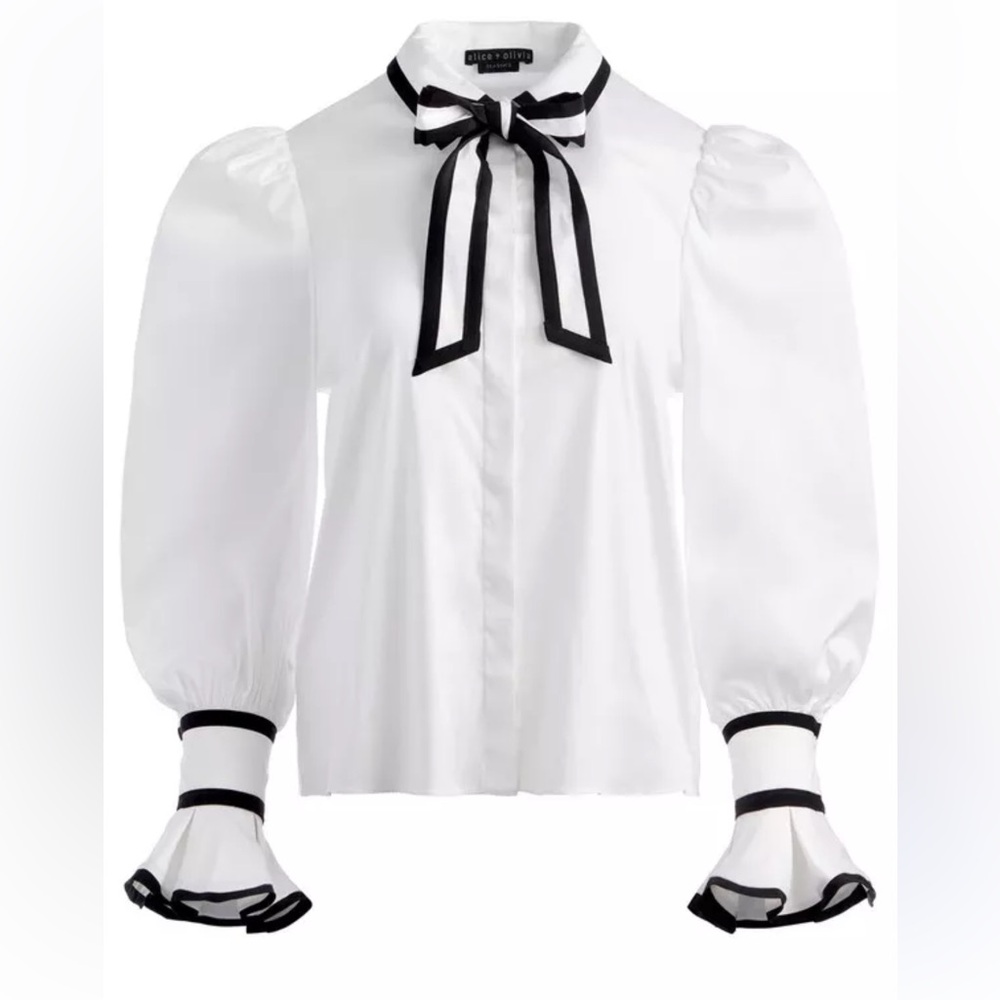 Alice + Olivia White Puff Sleeve Blouse with Black Trim and Bow
